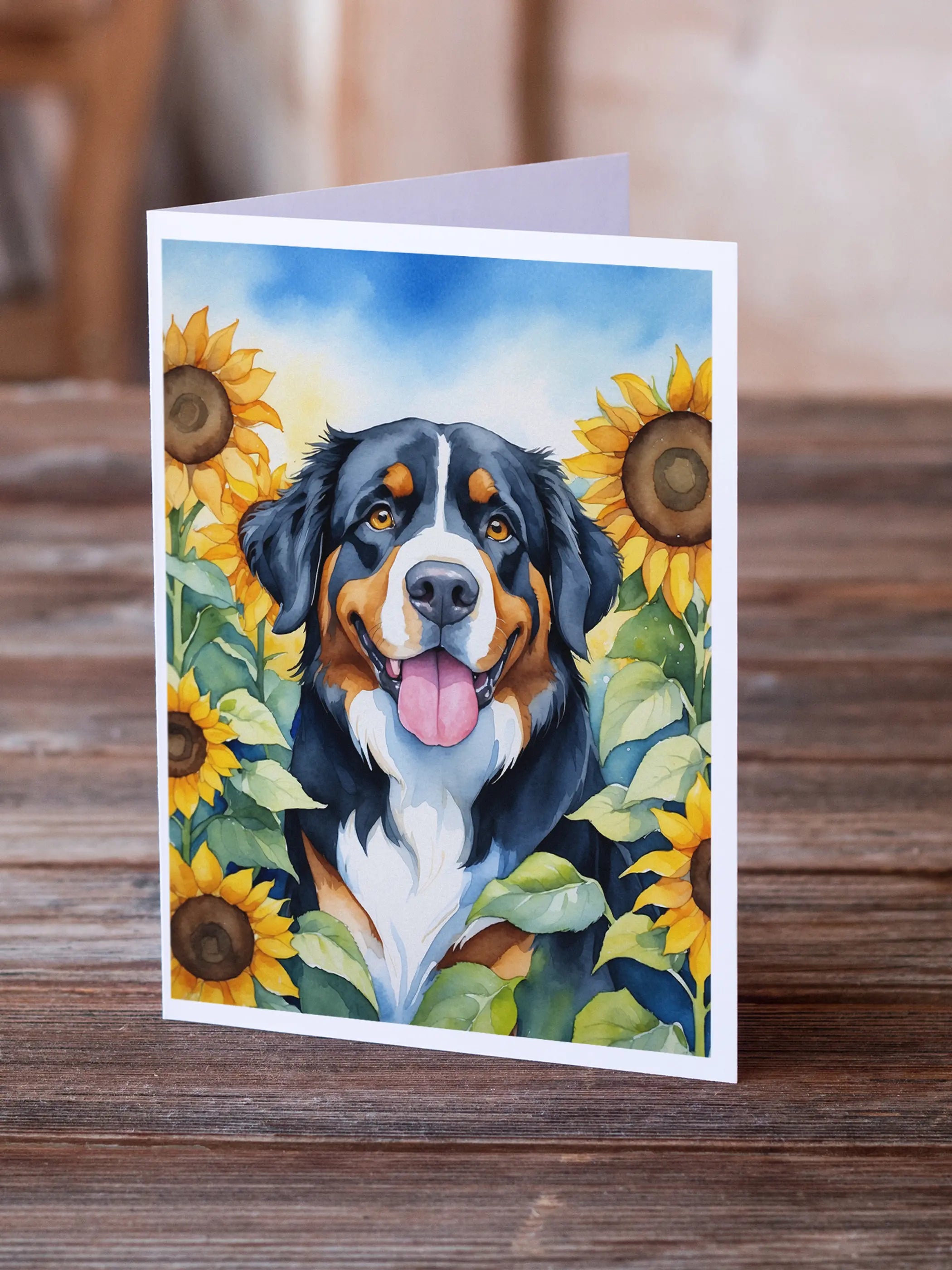 Bernese Mountain Dog in Sunflowers Greeting Cards Pack of 8 Caroline's Treasures