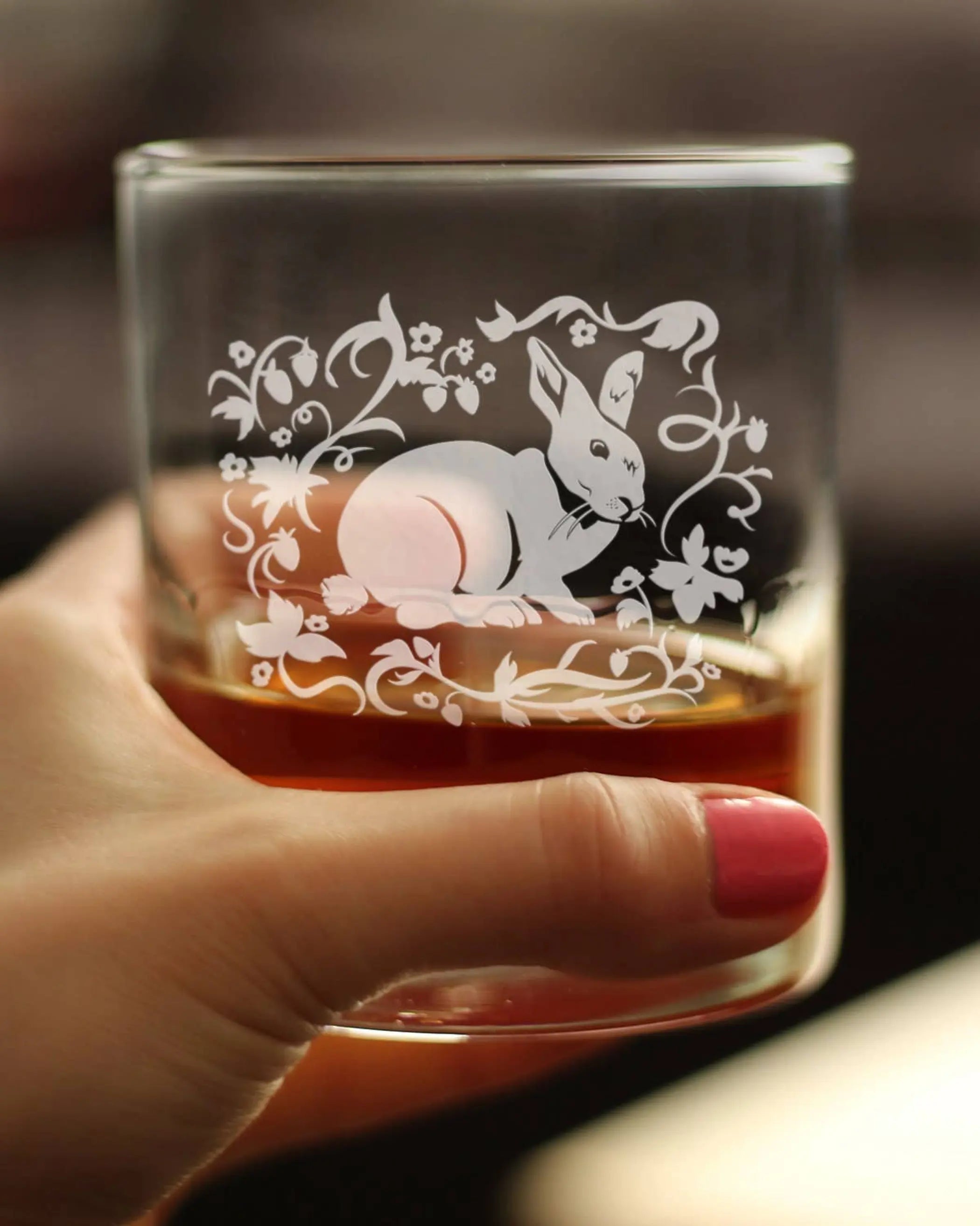 Berry Patch Bunny Rabbit Whiskey Rocks Glass - Rabbit Gifts Bevvee