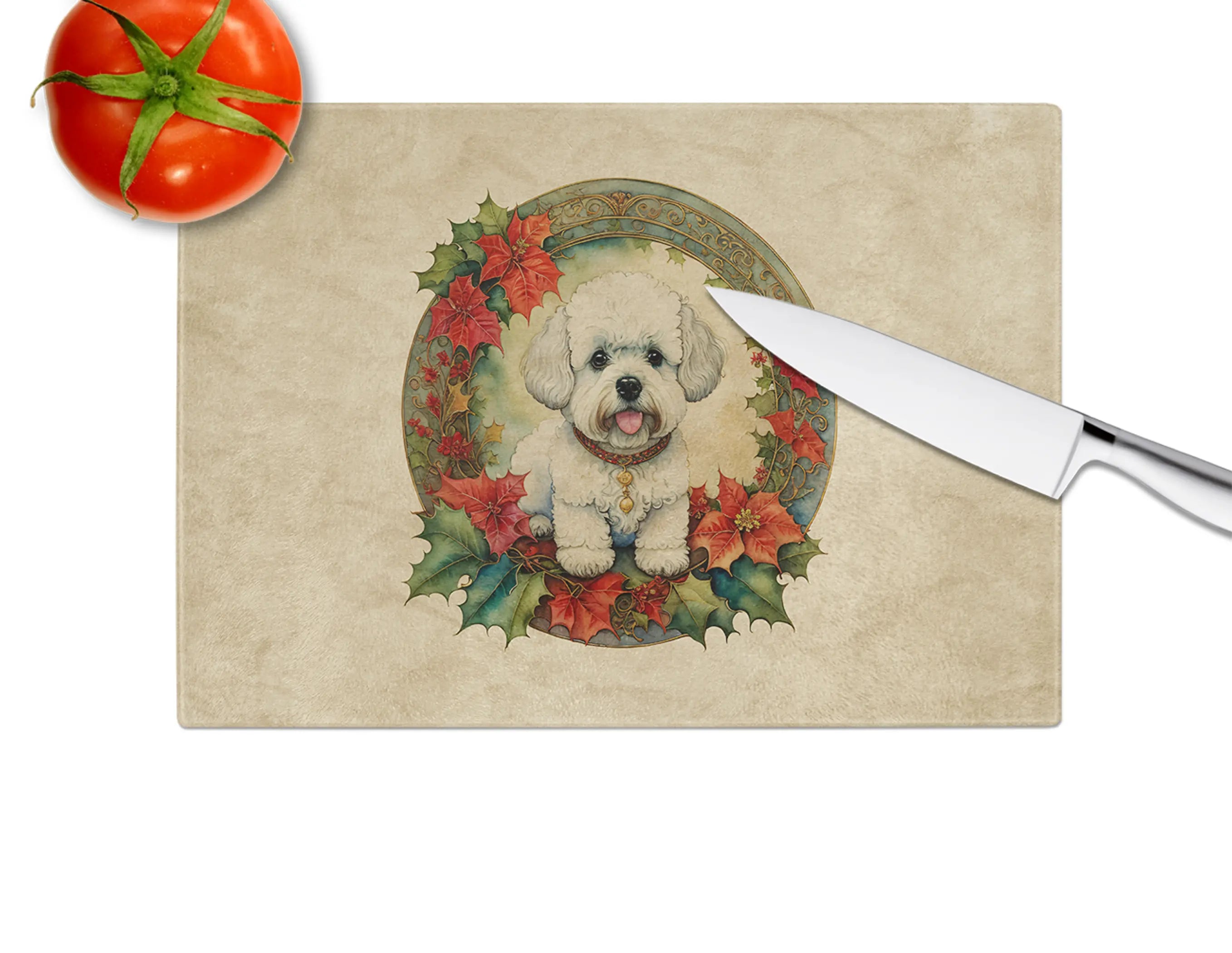 Bichon Frise Christmas Flowers Glass Cutting Board Caroline's Treasures