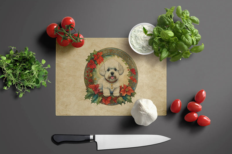 Bichon Frise Christmas Flowers Glass Cutting Board Caroline's Treasures