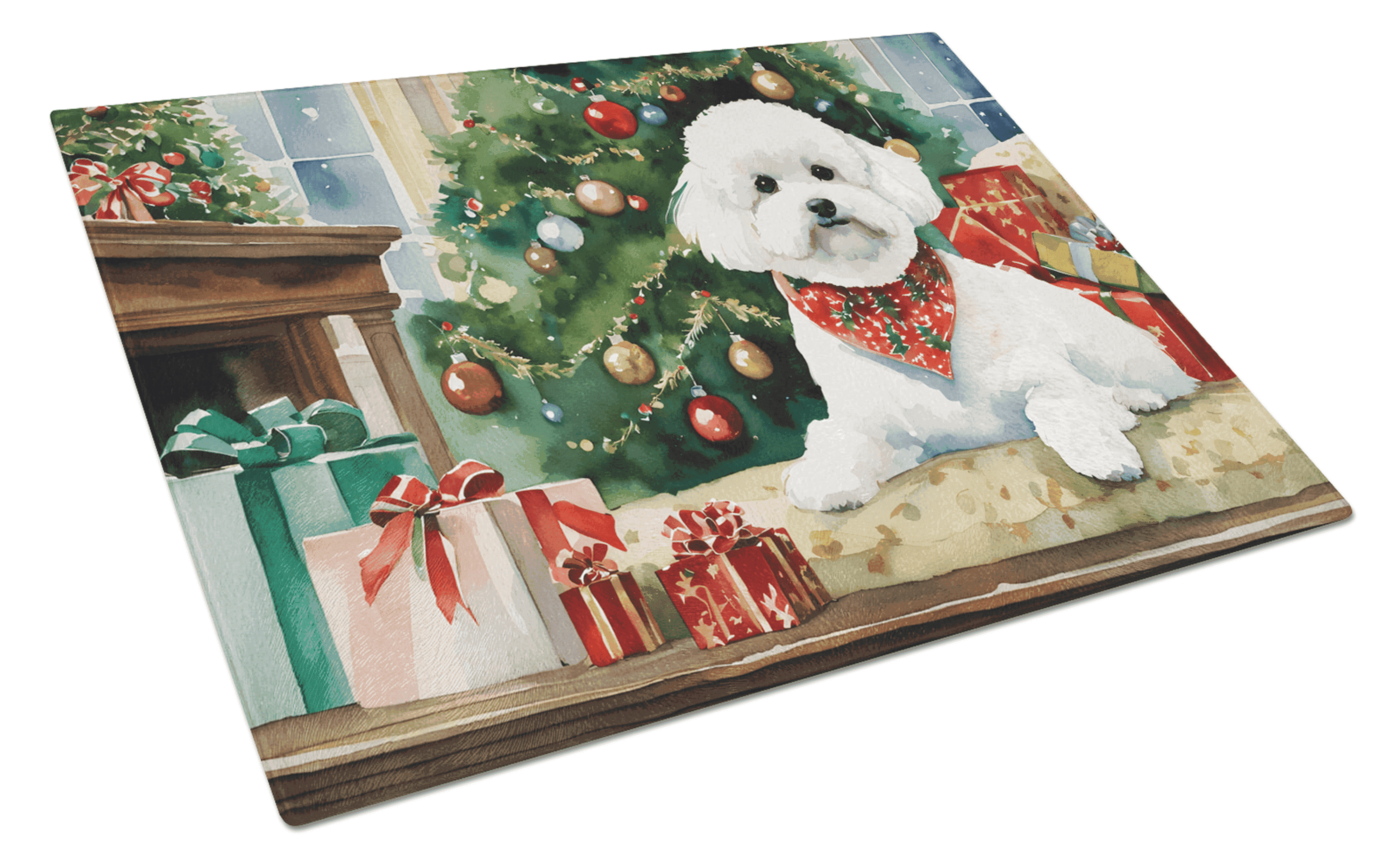 Bichon Frise Cozy Christmas Glass Cutting Board Caroline's Treasures