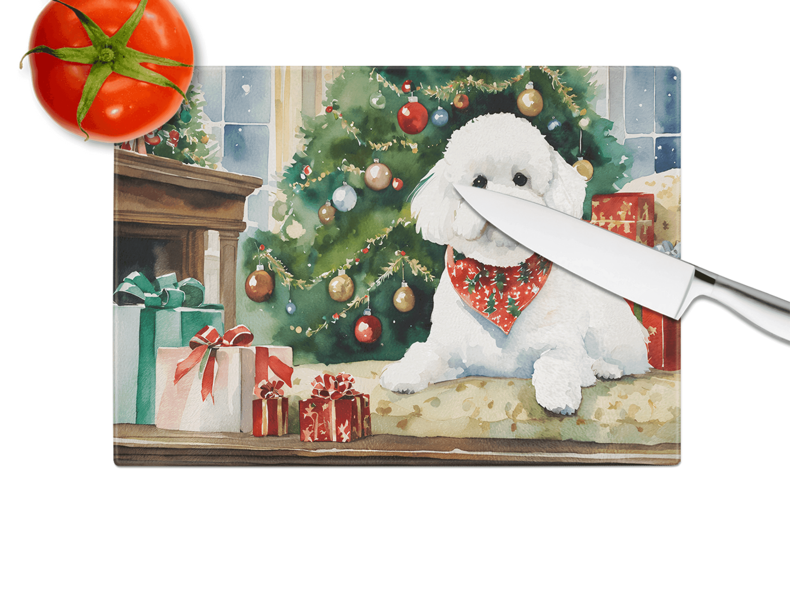 Bichon Frise Cozy Christmas Glass Cutting Board Caroline's Treasures