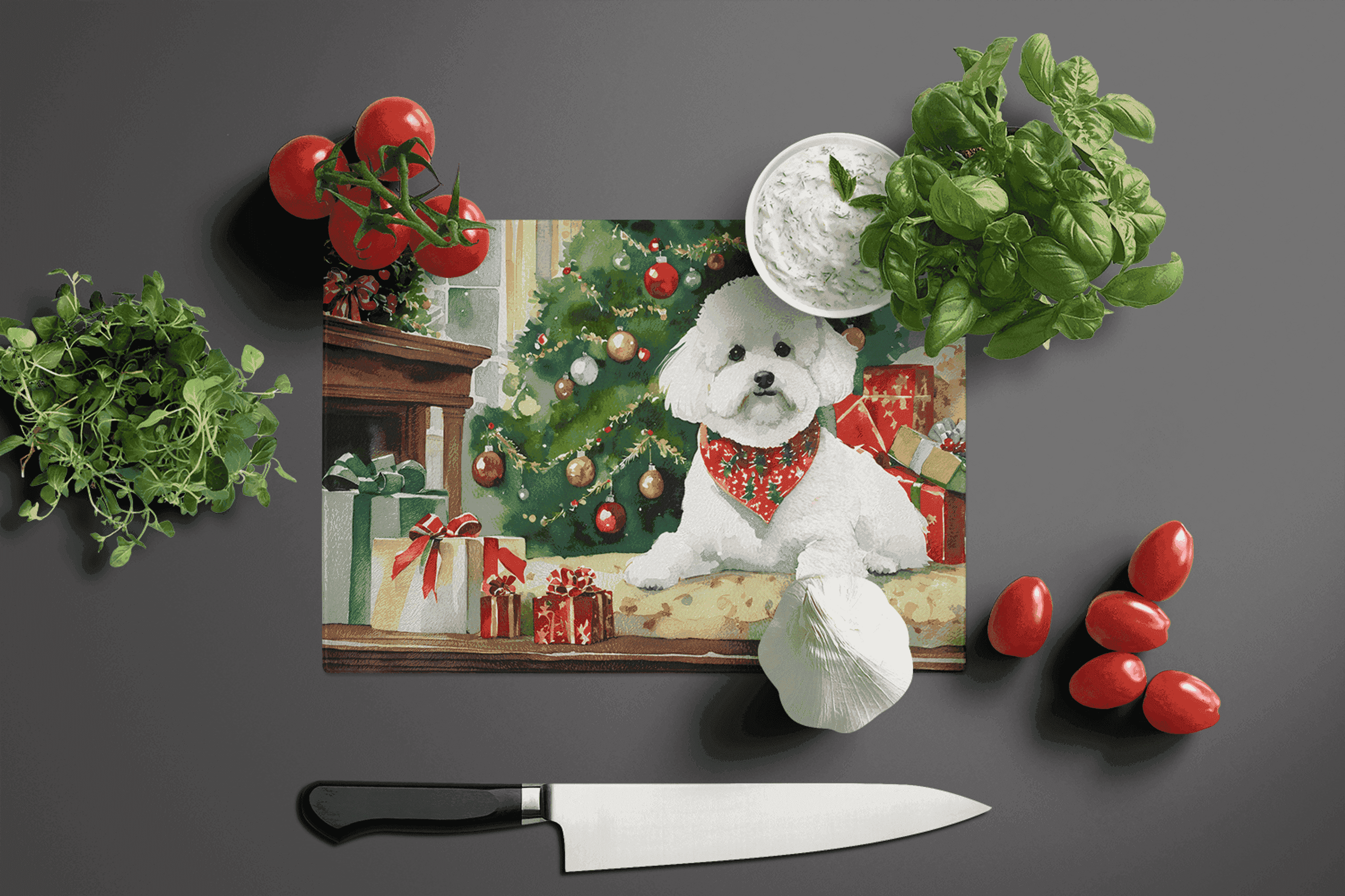 Bichon Frise Cozy Christmas Glass Cutting Board Caroline's Treasures