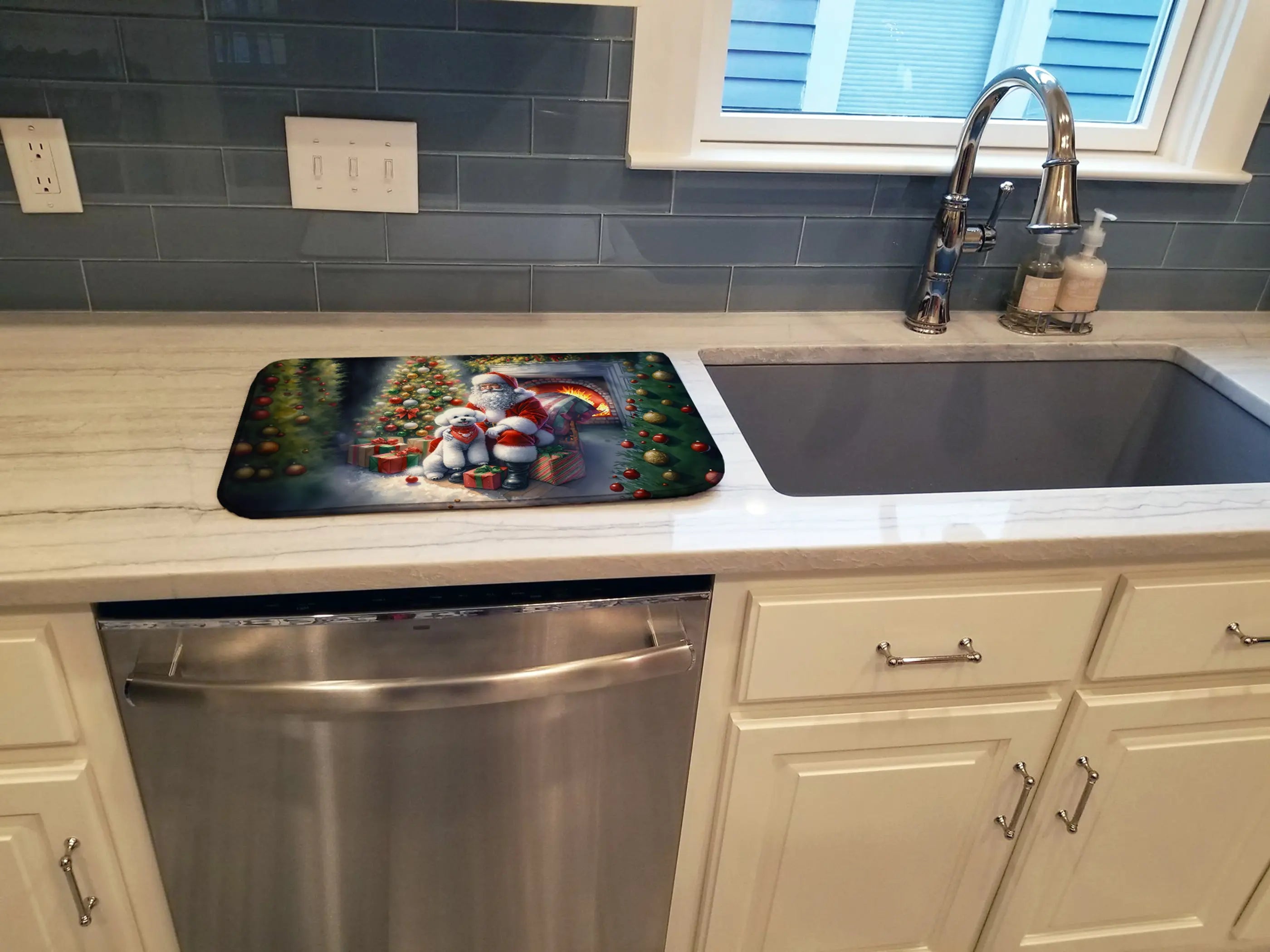 Bichon Frise and Santa Claus Dish Drying Mat Caroline's Treasures