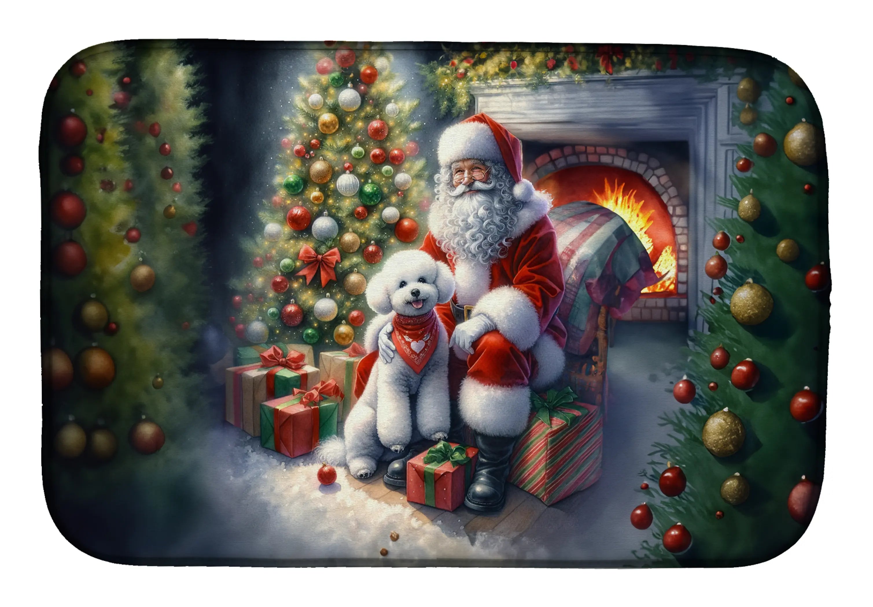 Bichon Frise and Santa Claus Dish Drying Mat Caroline's Treasures