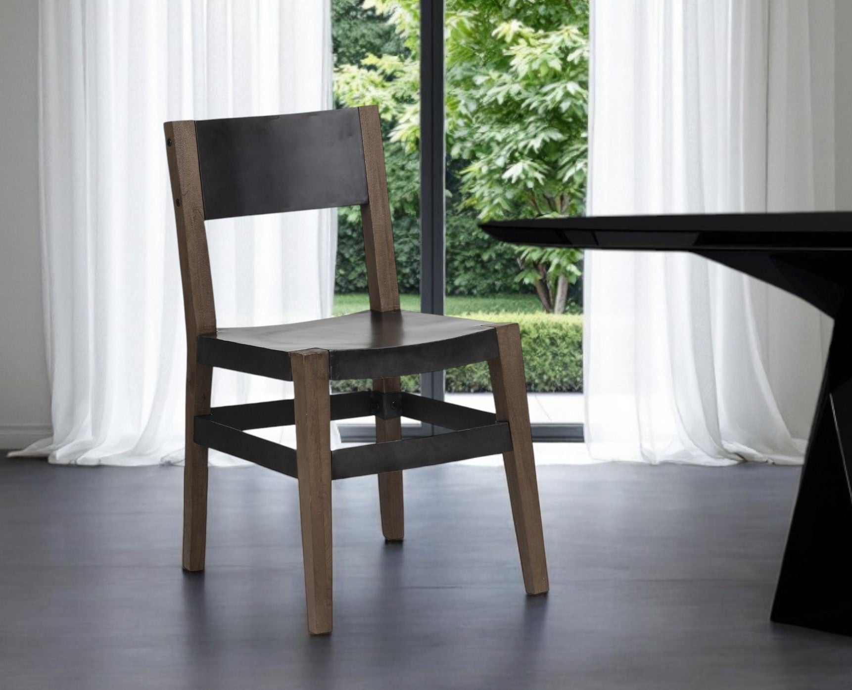 Black And Brown Metal and Wood Open Back Dining Side Chair - GreatEagleInc