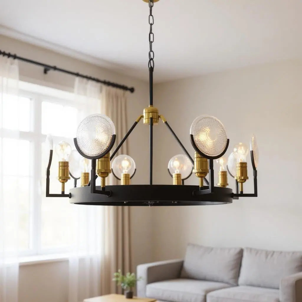 Black And Gold Unique Statement Eight Light Metal Chandelier With Clear Shades Homeroots Lighting