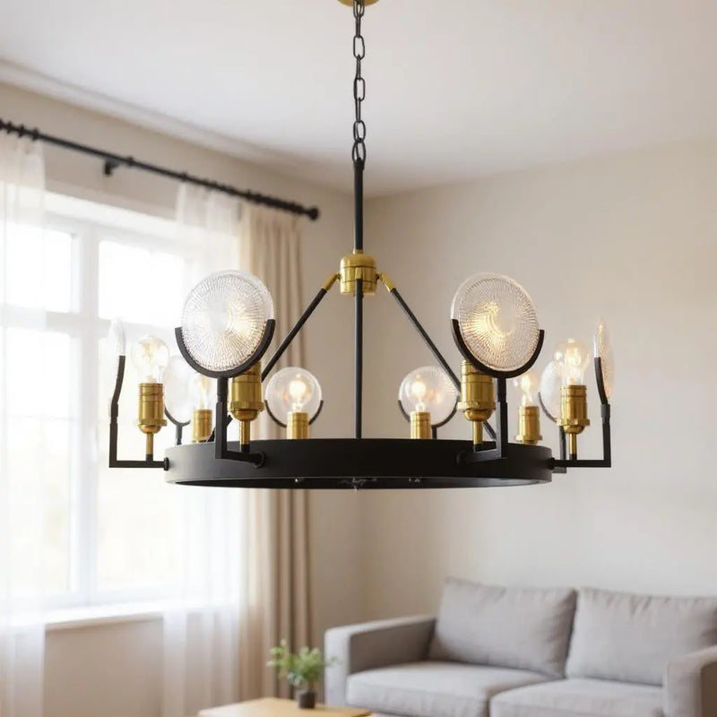 Black And Gold Unique Statement Eight Light Metal Chandelier With Clear Shades Homeroots Lighting