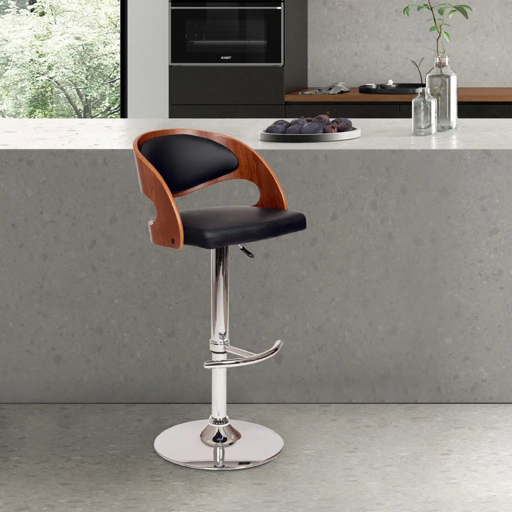 Black And Silver Faux Leather And Chrome Low Back Adjustable Height Swivel Bar Chair Homeroots Living Room