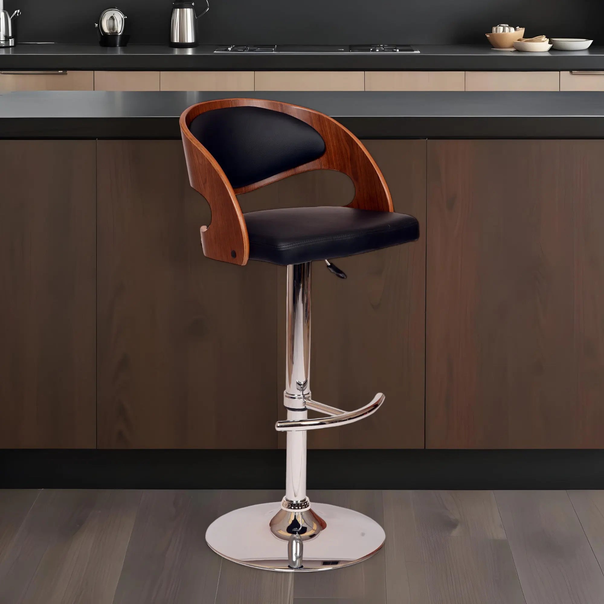 Black And Silver Faux Leather And Chrome Low Back Adjustable Height Swivel Bar Chair Homeroots Living Room