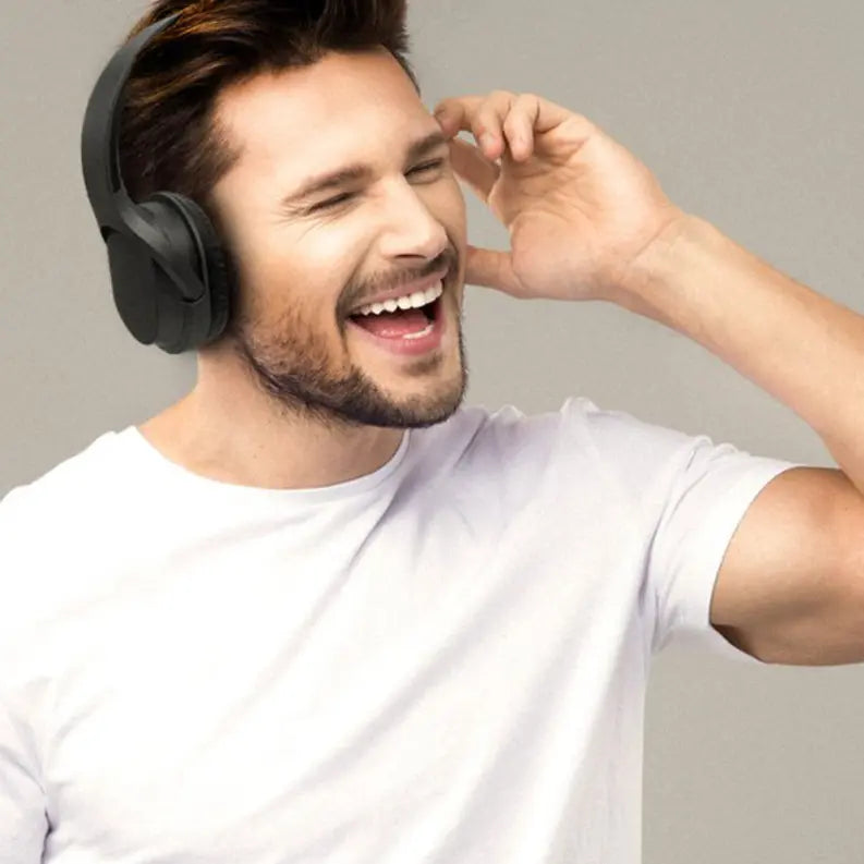 Black Bluetooth Headphone with black soft comfort padding & Chrome Silver Buttons with compact folding design Soundbound