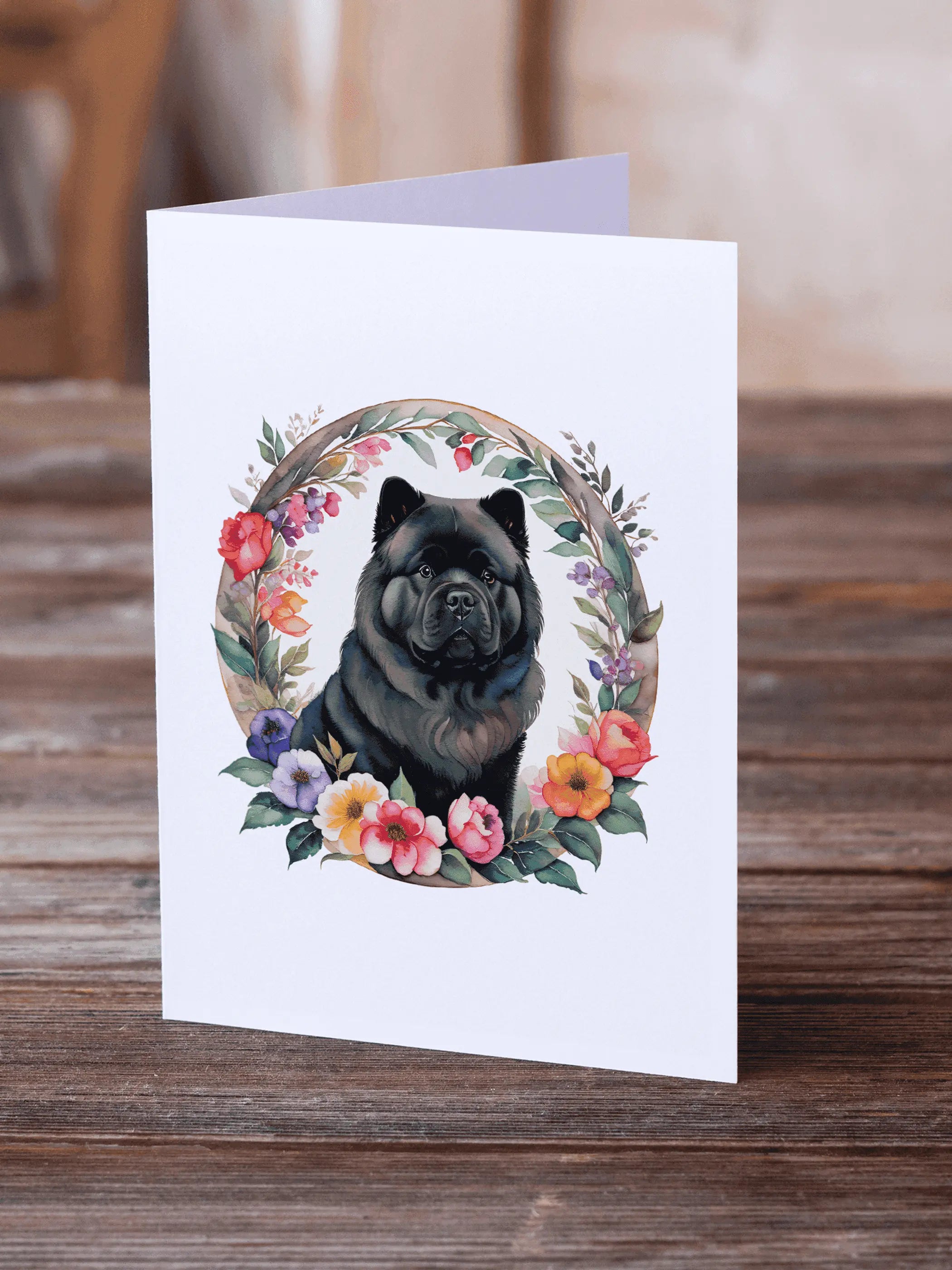 Black Chow Chow and Flowers Greeting Cards Pack of 8 Caroline's Treasures