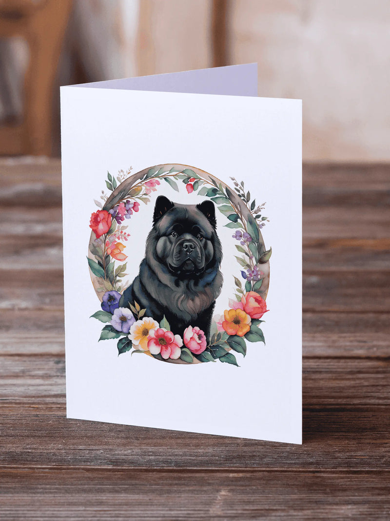 Black Chow Chow and Flowers Greeting Cards Pack of 8 Caroline's Treasures