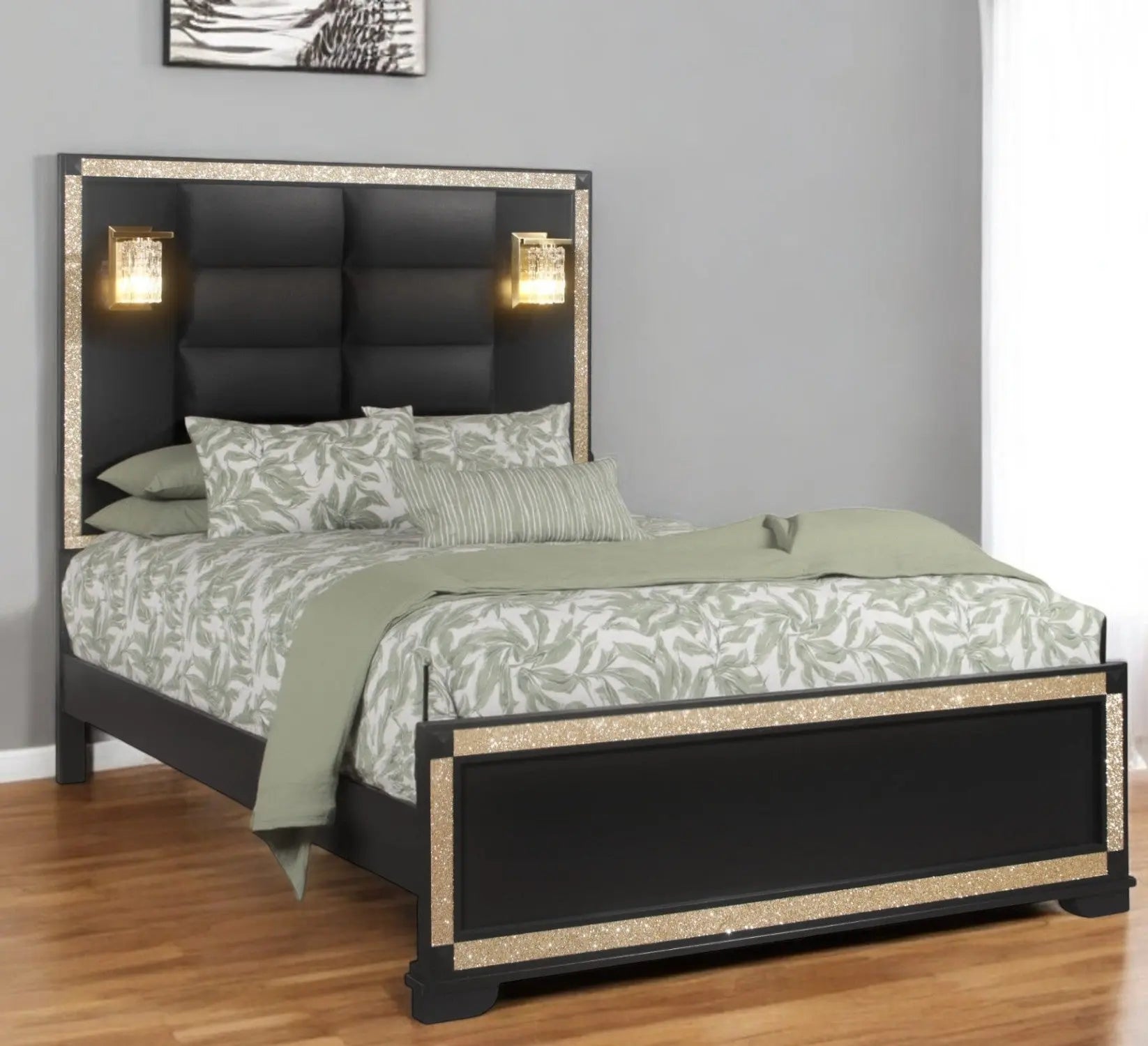 Black Faux Crystal Bling Wood And Upholstery Lighted Queen Bed Frame Homeroots Bed & Bath