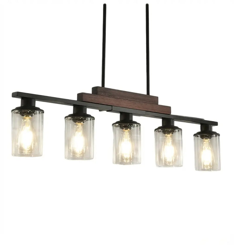 Black Kitchen Island Five Light Plastic and Wrought Iron Transparent Glass Flush Chandelier With Stone Shades Homeroots Lighting