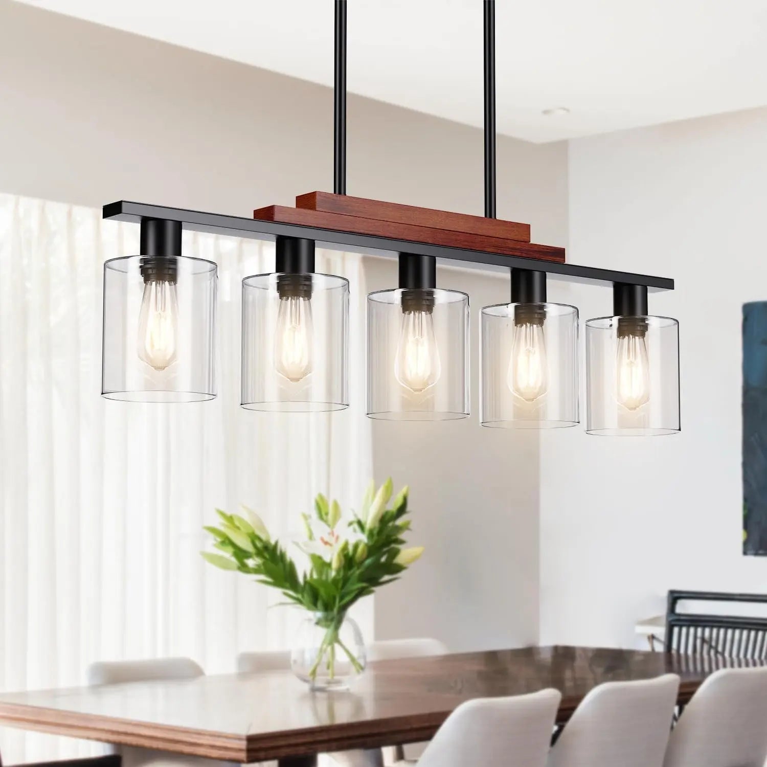 Black Kitchen Island Five Light Plastic and Wrought Iron Transparent Glass Flush Chandelier With Stone Shades Homeroots Lighting