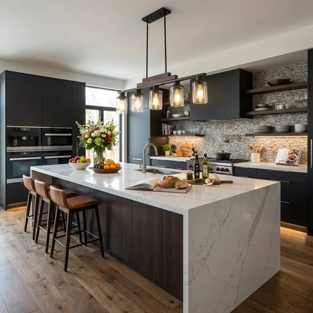 Black Kitchen Island Five Light Plastic and Wrought Iron Transparent Glass Flush Chandelier With Stone Shades Homeroots Lighting