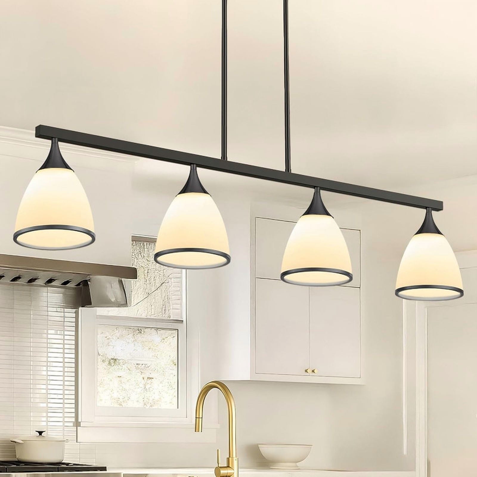 Black Kitchen Island Four Light Glass and Wrought Iron Frosted Glass Flush Chandelier With Black Shades Homeroots Lighting