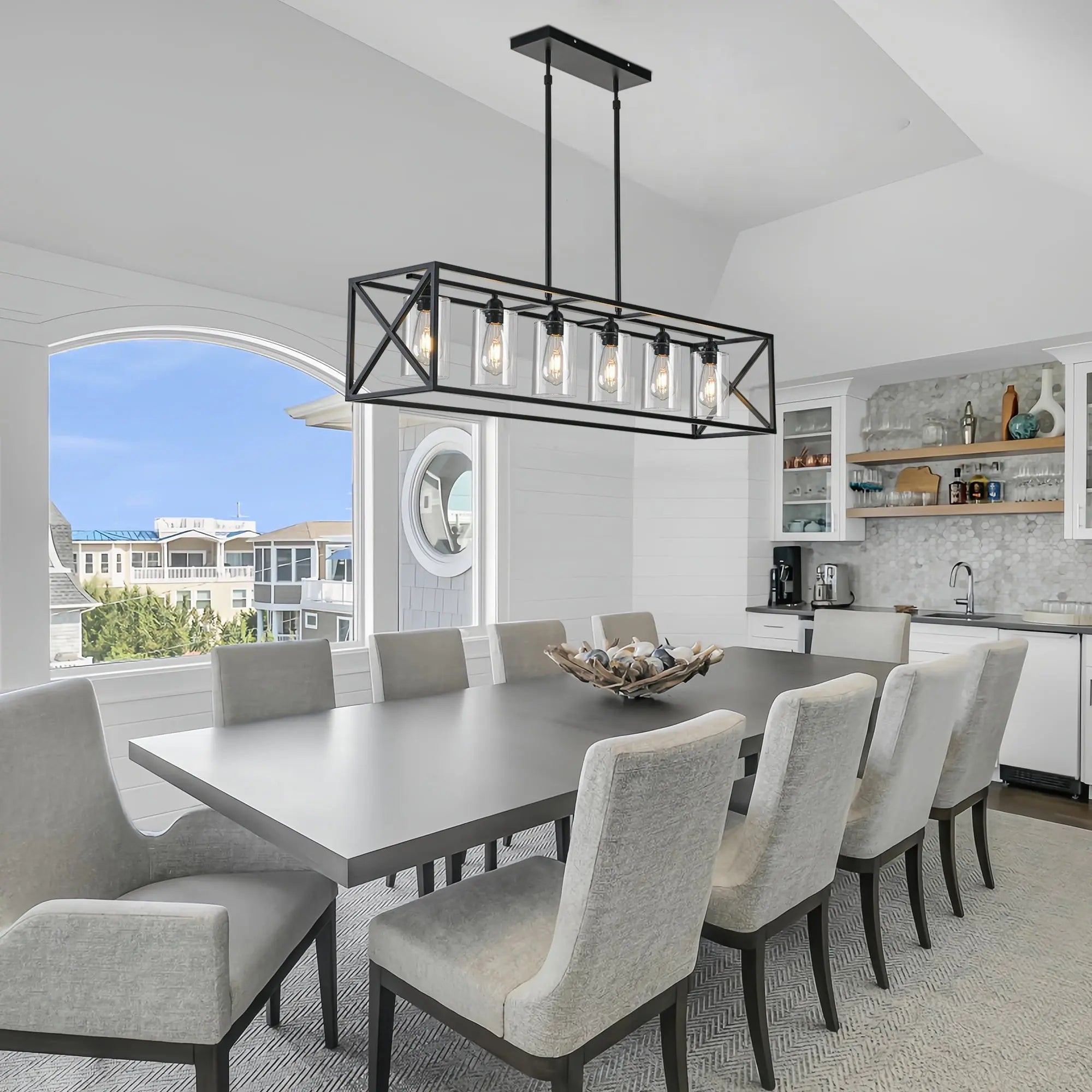Black Kitchen Island Six Light Acrylic and Wrought Iron Mercury Glass Flush Chandelier With Black Shades Homeroots Lighting
