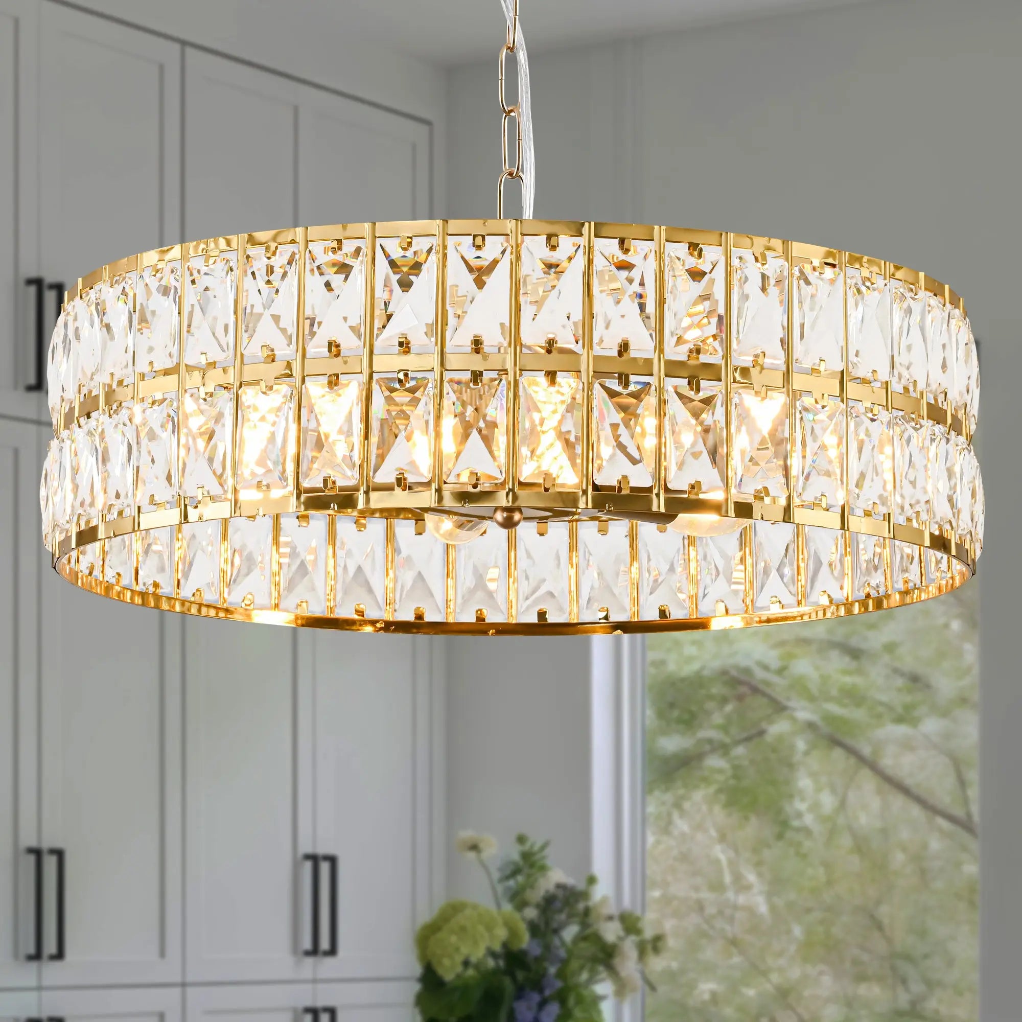 Black Kitchen Island Six Light Crystal and Rope Beveled Glass Flush Chandelier With Gold Shades Homeroots Lighting
