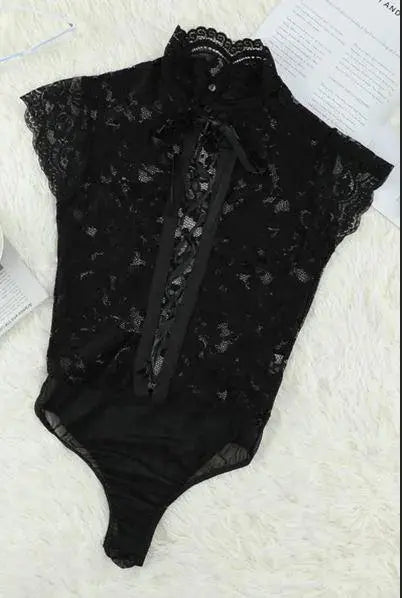 Black Lace Versatile Laceup Bodysuit Stay Warm in Style
