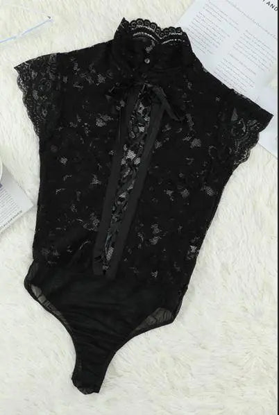Black Lace Versatile Laceup Bodysuit Stay Warm in Style