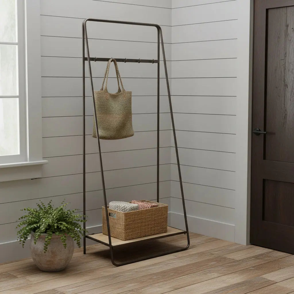 Black Pipe Metal And Wood Shelf Hall Tree Homeroots Organization