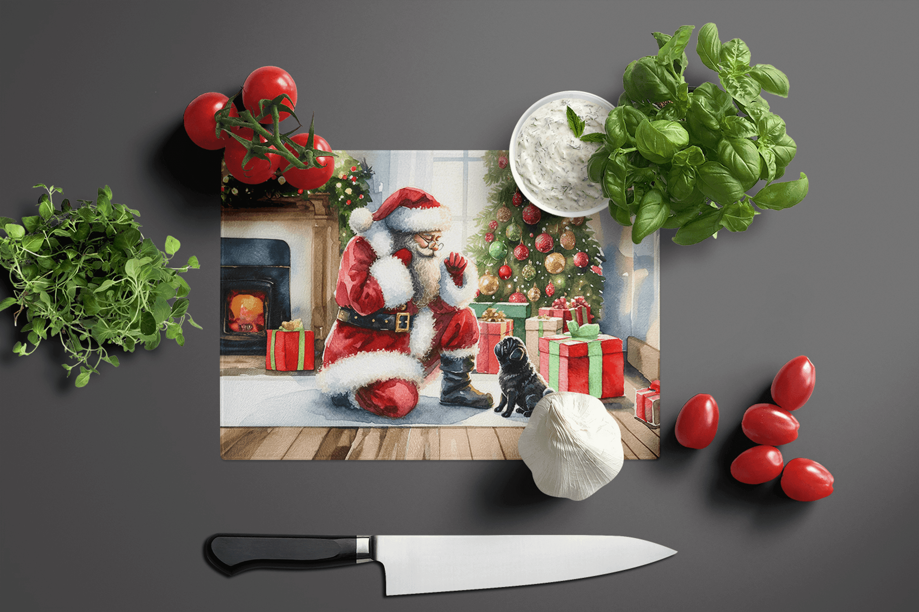 Black Pug and Santa Claus Glass Cutting Board Caroline's Treasures