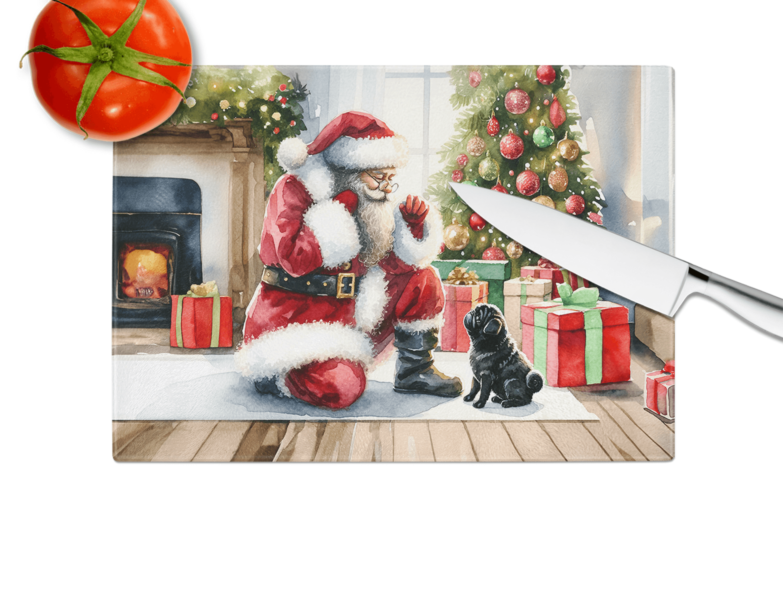 Black Pug and Santa Claus Glass Cutting Board Caroline's Treasures