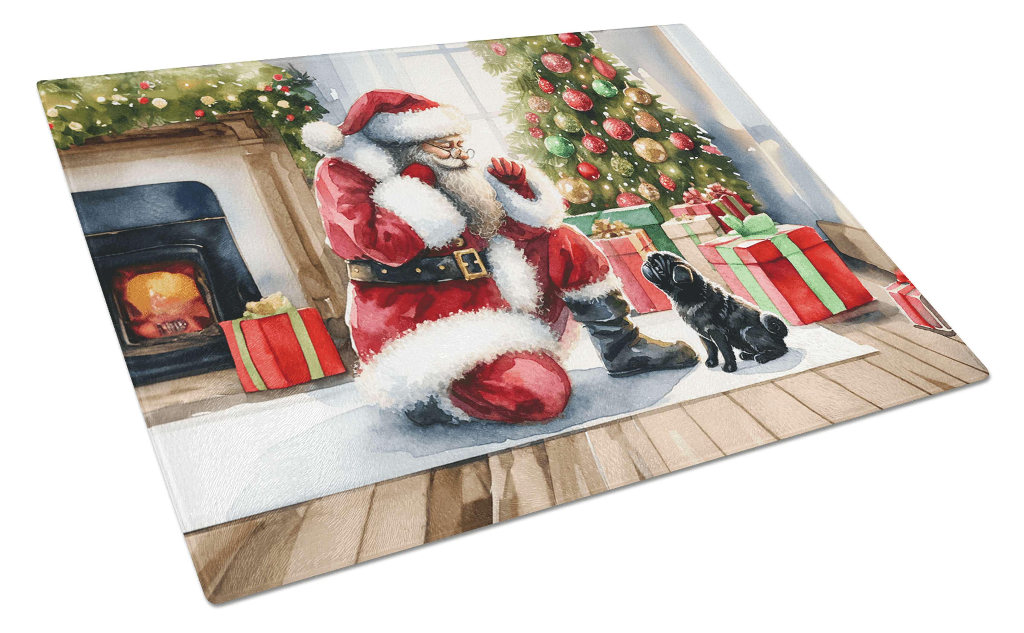 Black Pug and Santa Claus Glass Cutting Board Caroline's Treasures