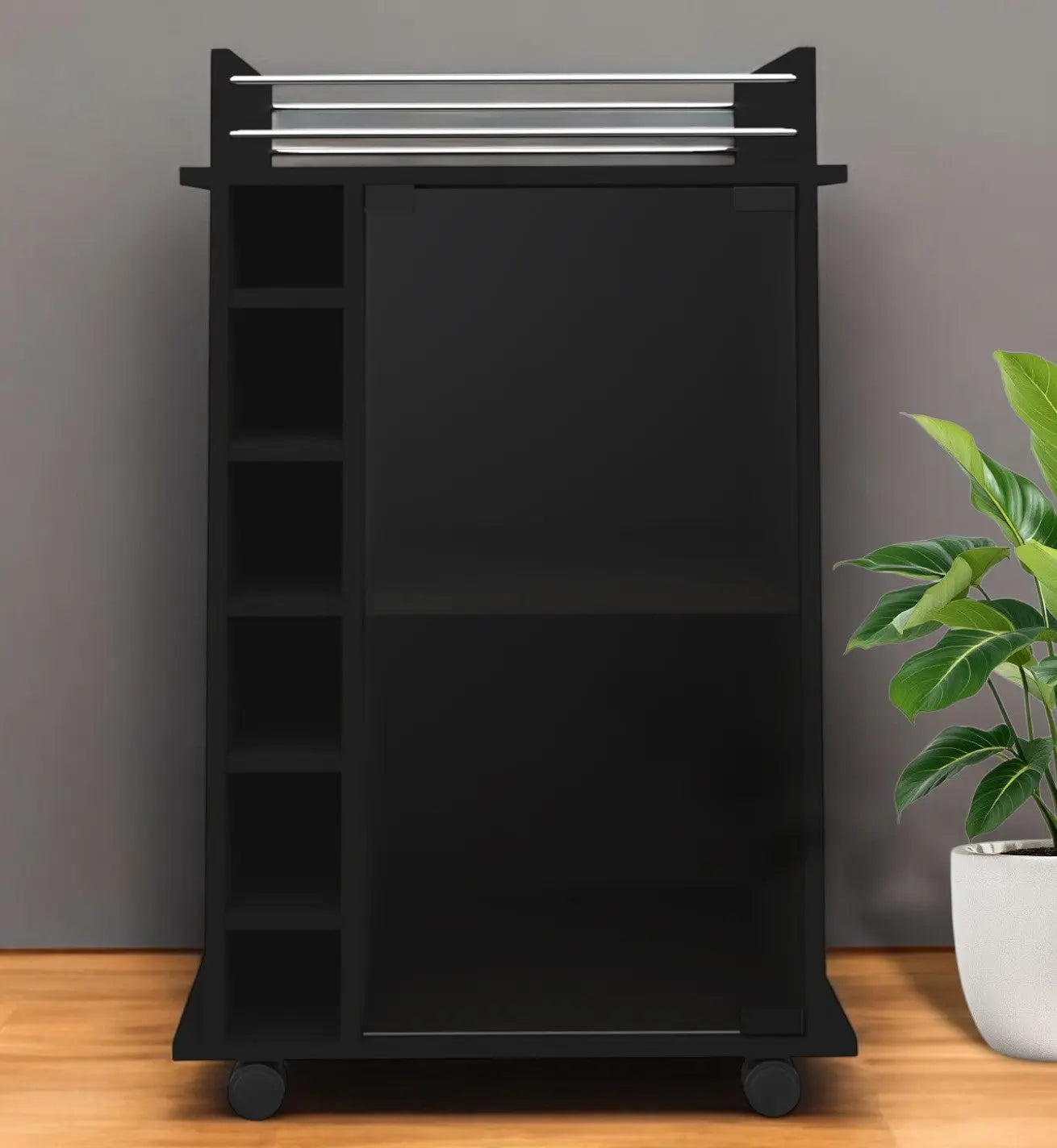 Black Rolling Bar Cart With Wine Storage - GreatEagleInc