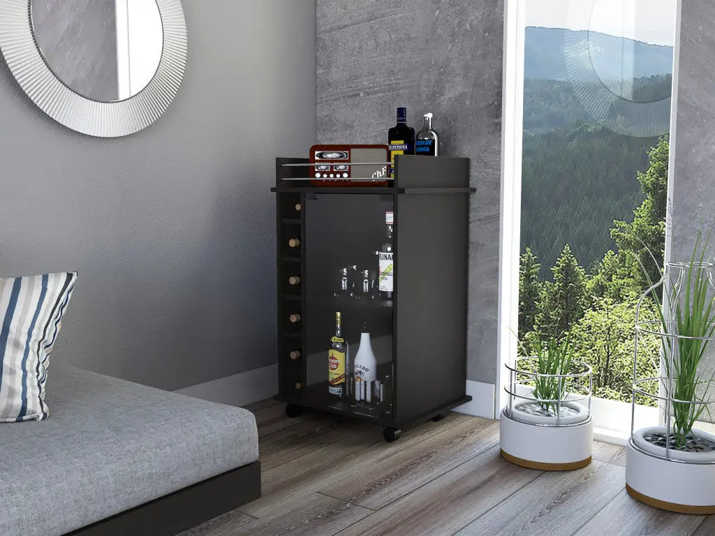 Black Rolling Bar Cart With Wine Storage - GreatEagleInc