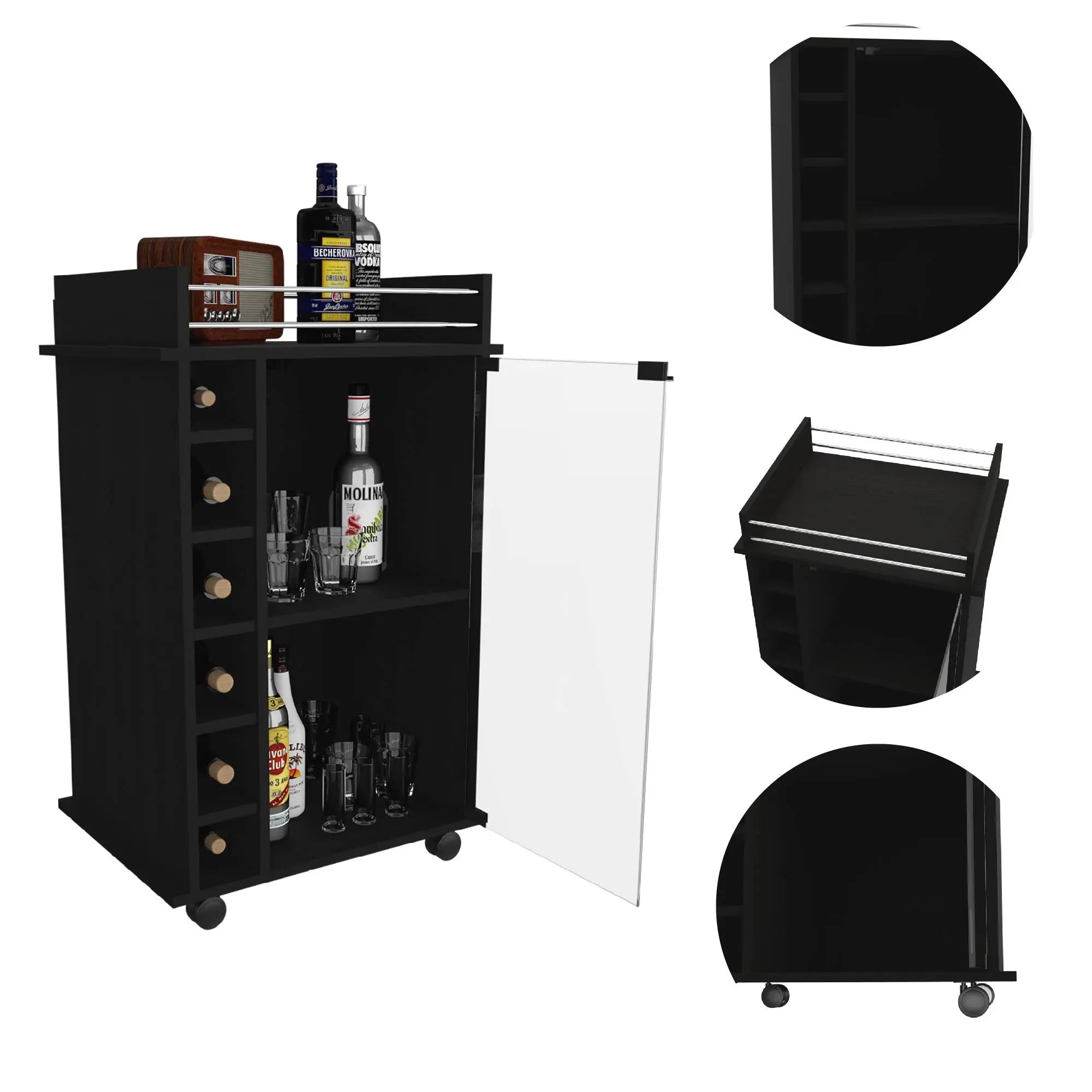 Black Rolling Bar Cart With Wine Storage - GreatEagleInc