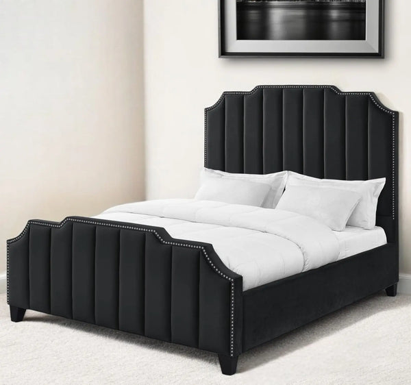 Black Solid Wood Queen Tufted Upholstered Velvet Bed with Nailhead Trim Homeroots Bed & Bath