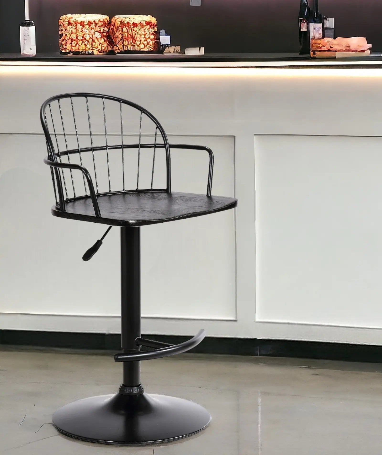 Black Solid Wood and Iron Low Back Adjustable Height Bar Chair Homeroots Living Room