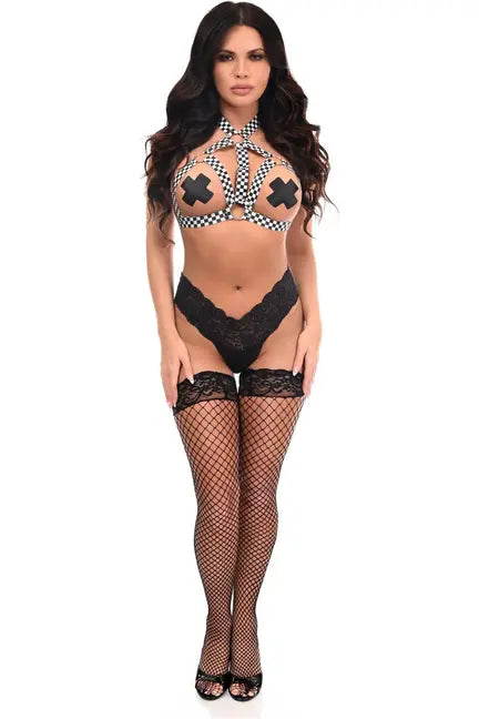 Black/White Checker Print Stretchy Body Harness w/Silver Hardware Daisy Corsets