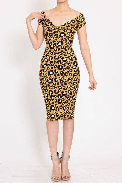 Black Yellow Leopard Print Bodycon Midi Dress SurelyMine