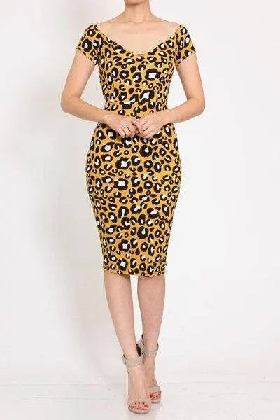 Black Yellow Leopard Print Bodycon Midi Dress SurelyMine