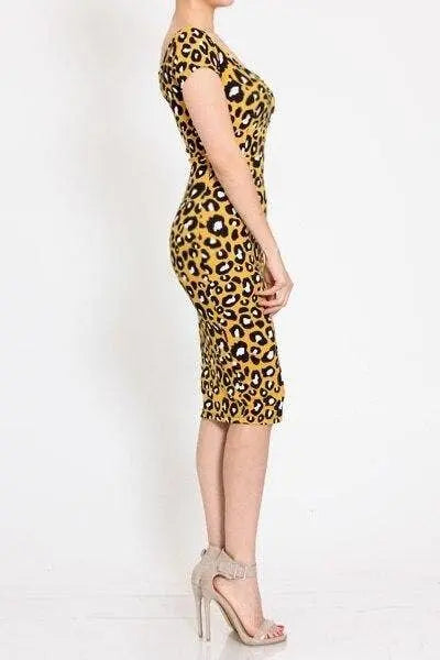 Black Yellow Leopard Print Bodycon Midi Dress SurelyMine