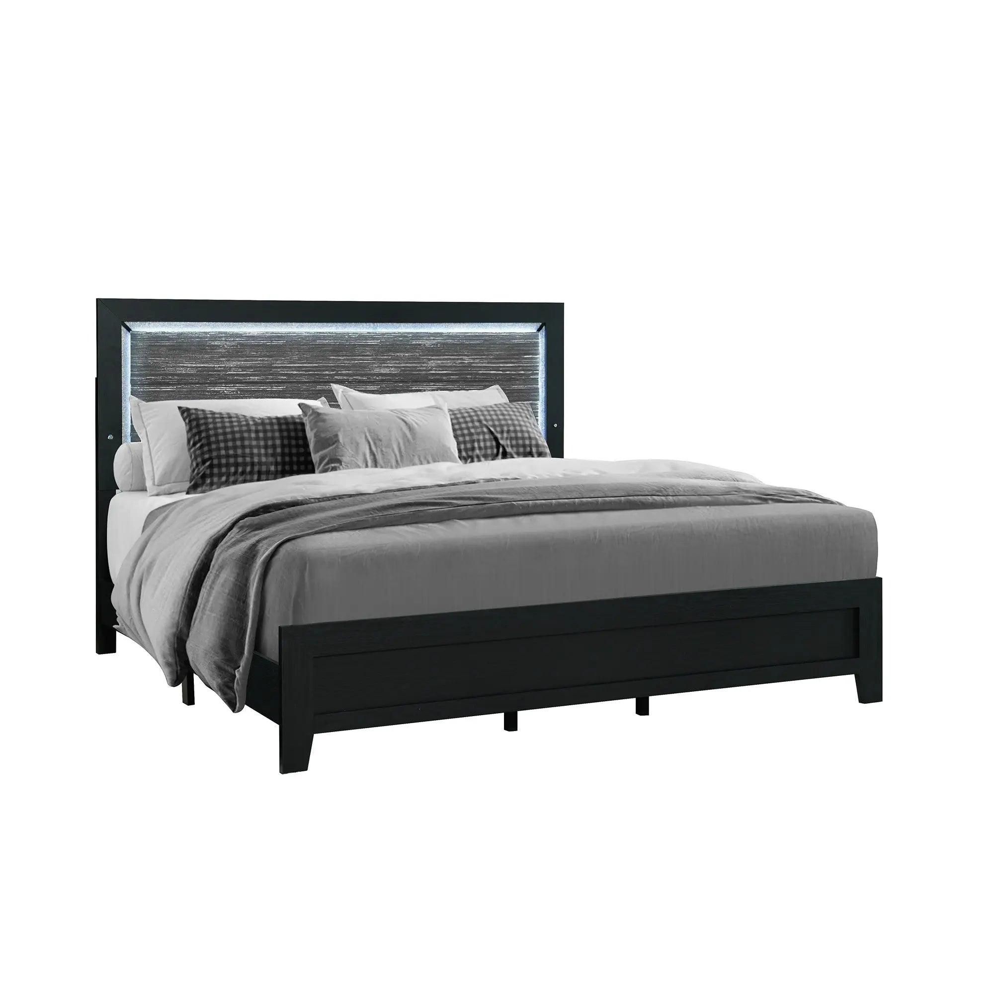 Black and Ash Gray Wood And Upholstery Lighted Upholstered Queen Bed Frame Homeroots Bed & Bath