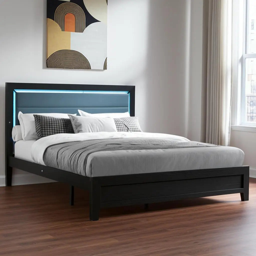 Black and Ash Gray Wood And Upholstery Lighted Upholstered Queen Bed Frame Homeroots Bed & Bath