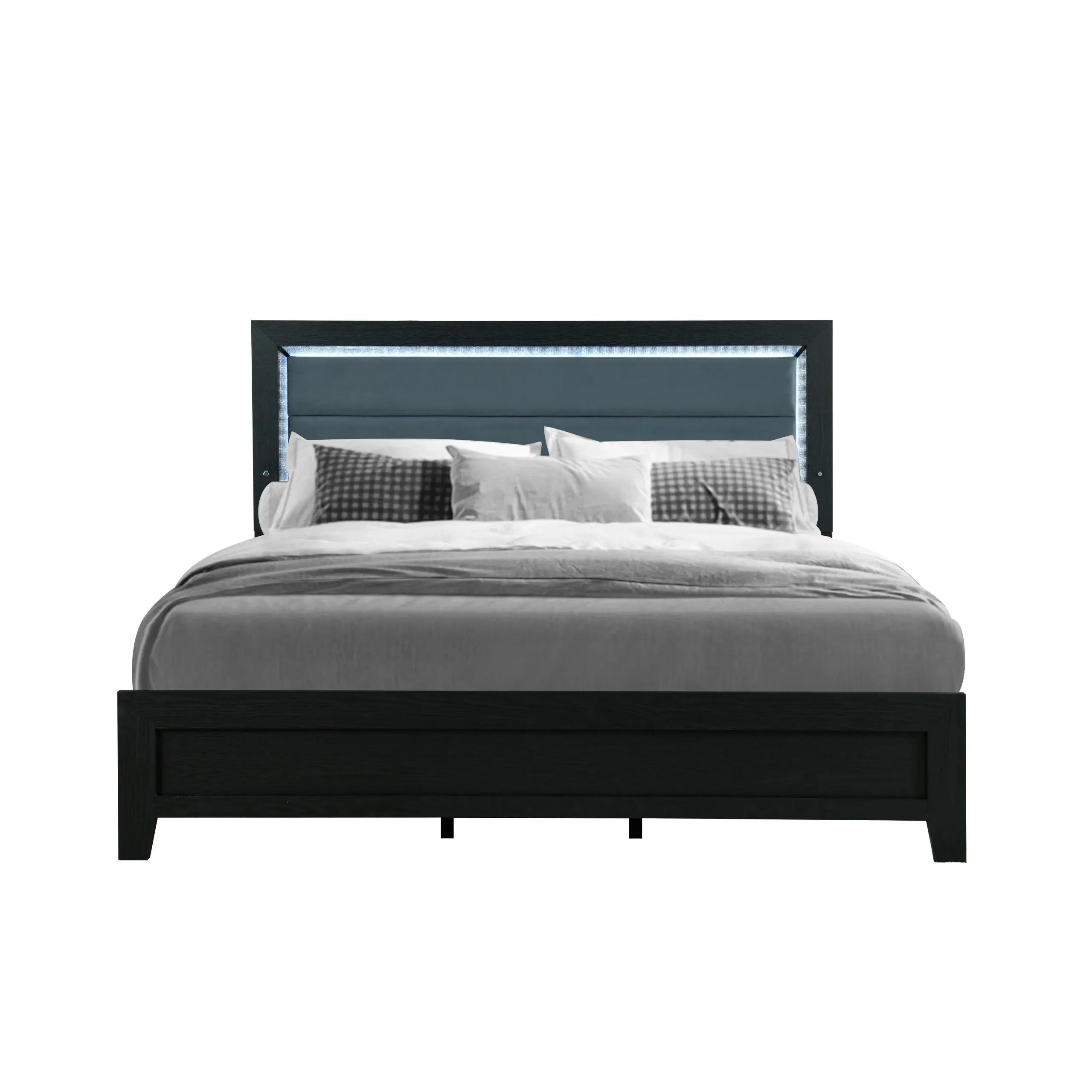 Black and Ash Gray Wood And Upholstery Lighted Upholstered Queen Bed Frame Homeroots Bed & Bath