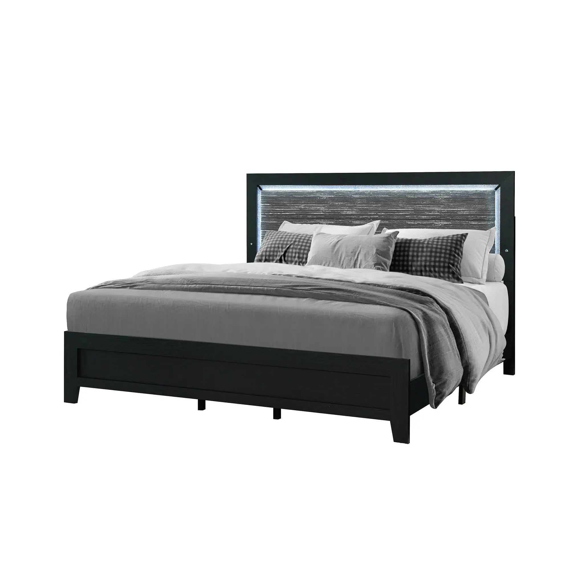 Black and Ash Gray Wood And Upholstery Lighted Upholstered Queen Bed Frame Homeroots Bed & Bath