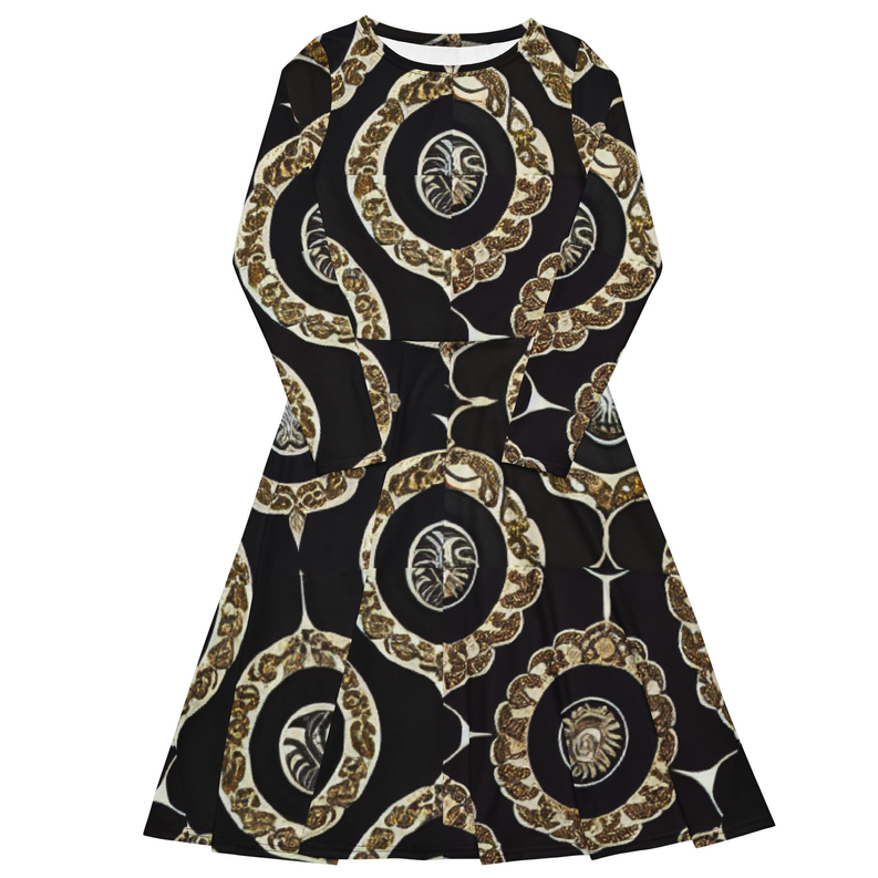 Black and Gold Print Long Sleeve Midi Dress Adirelounge