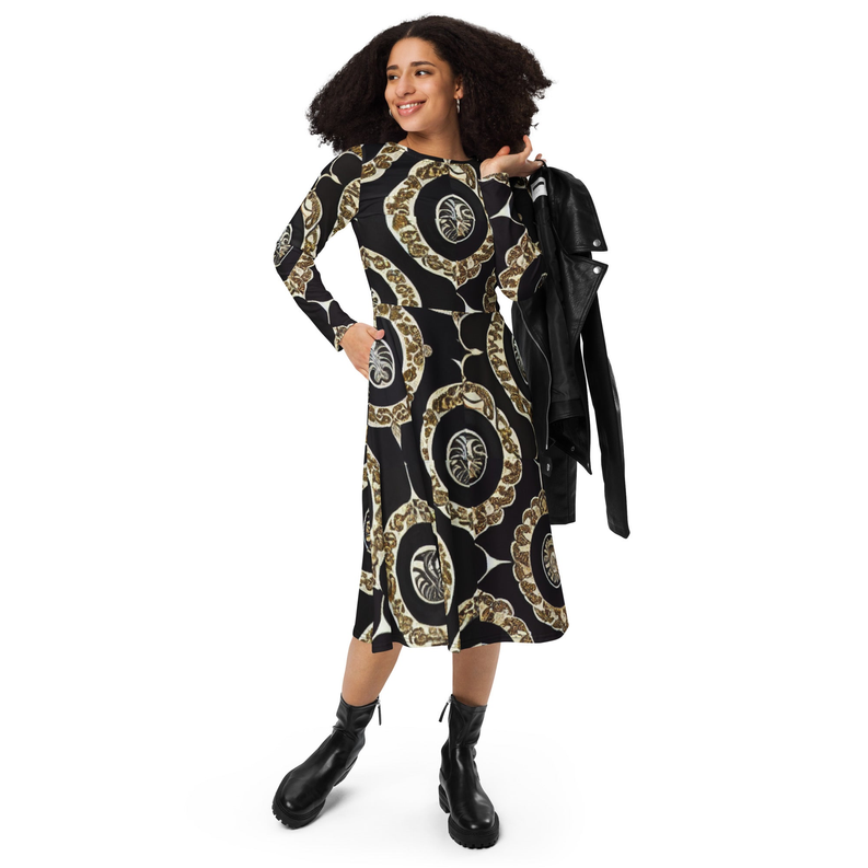 Black and Gold Print Long Sleeve Midi Dress Adirelounge