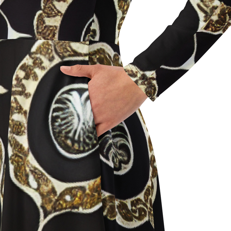 Black and Gold Print Long Sleeve Midi Dress Adirelounge