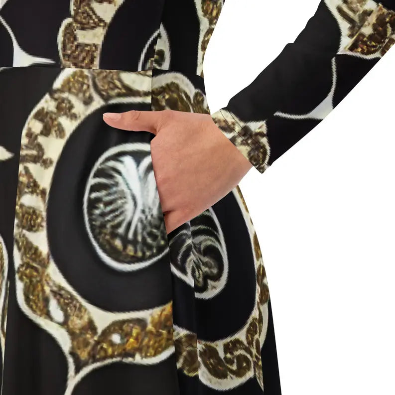 Black and Gold Print Long Sleeve Midi Dress Adirelounge