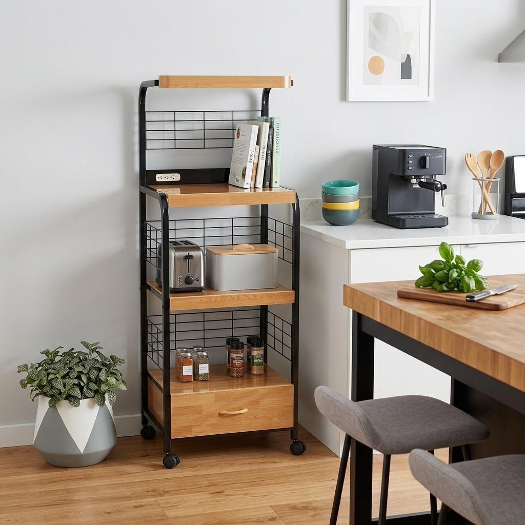 Black and Natural 26" Rolling Kitchen Cart With Storage Homeroots Kitchen & Dining