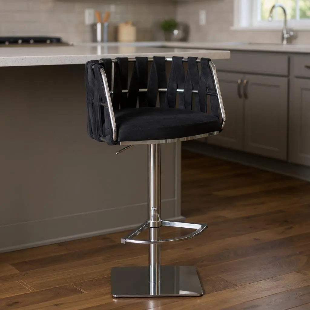 Black and Silver Velvet and Steel Low Back Adjustable Height Swivel Bar Chair Homeroots Living Room