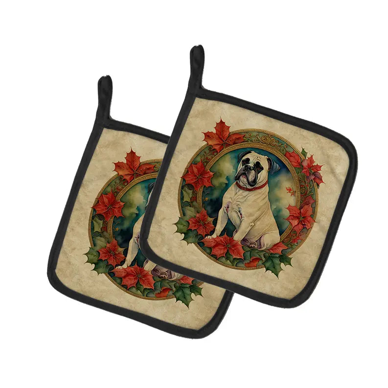Black and Tan Coonhound Christmas Flowers Pair of Pot Holders Caroline's Treasures